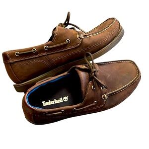 Timberland Men’s Classic Brown 2-Eye Leather Boat Shoes Contrast Stitch 10.5W